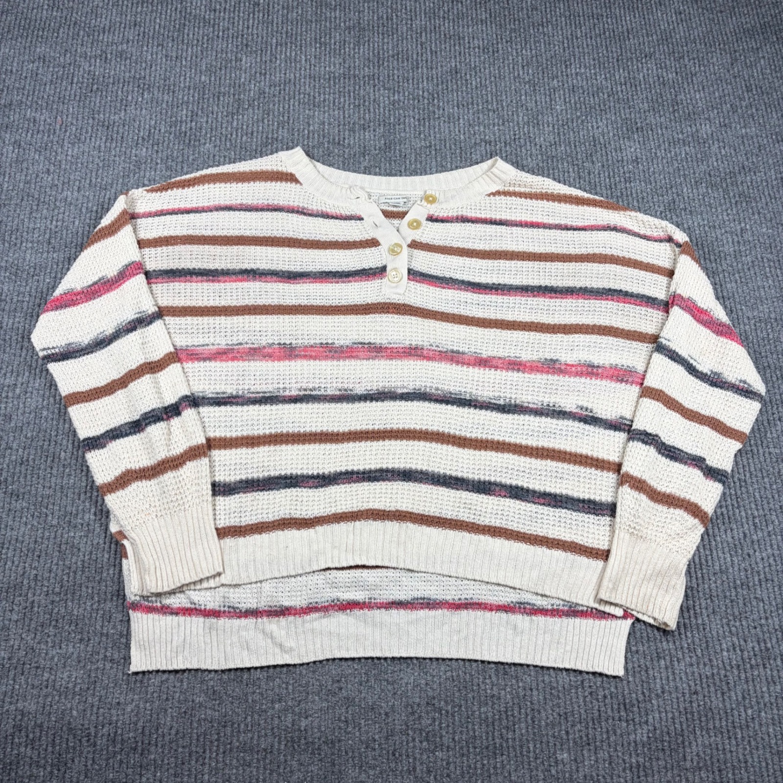 American Eagle Sweater Women's M Henley Cream Striped Knit Long Sleeve Pullover